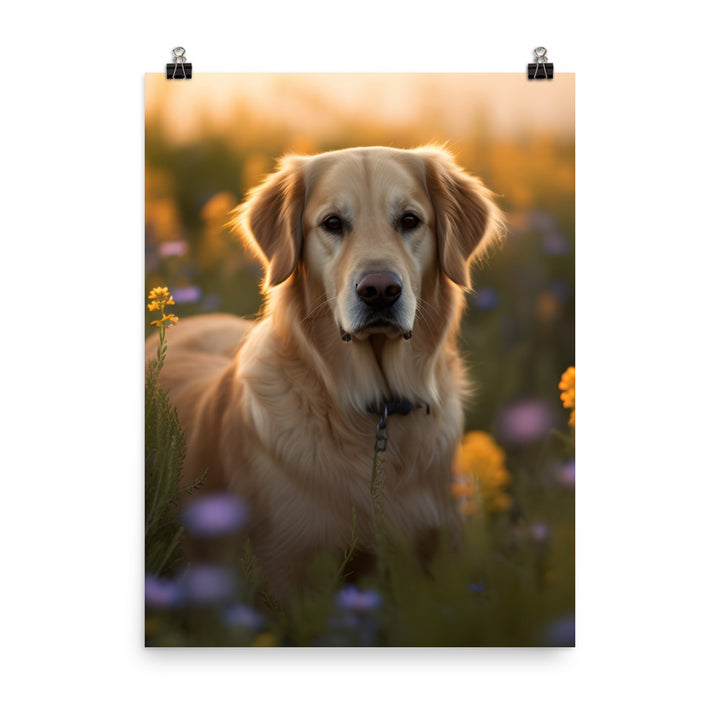 Golden Retriever in a Field of Flowers Photo paper poster - PosterfyAI.com