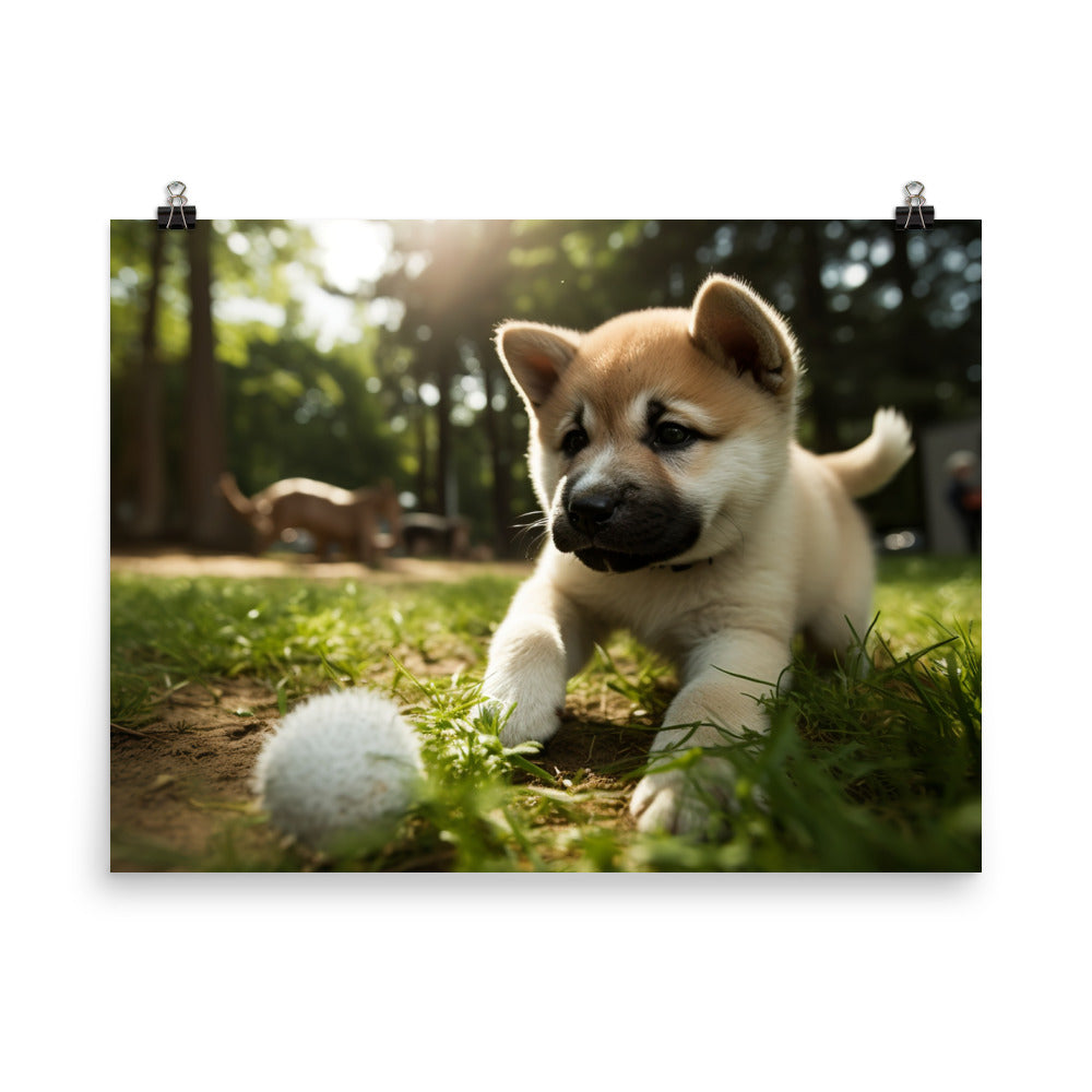 Akita Pup Playtime in the Park photo paper poster - Posterfy.AI