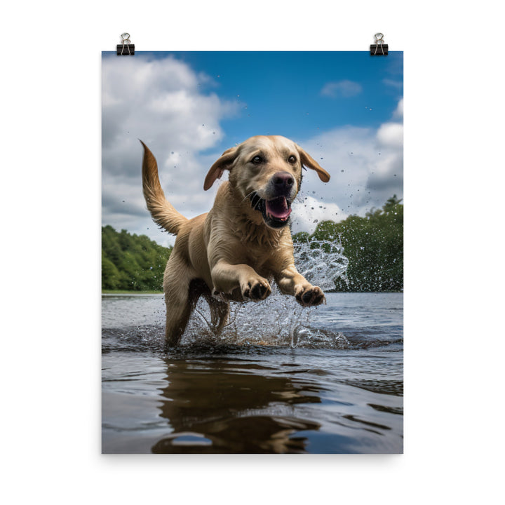 A Labrador Retriever jumping into a lake Photo paper poster - PosterfyAI.com