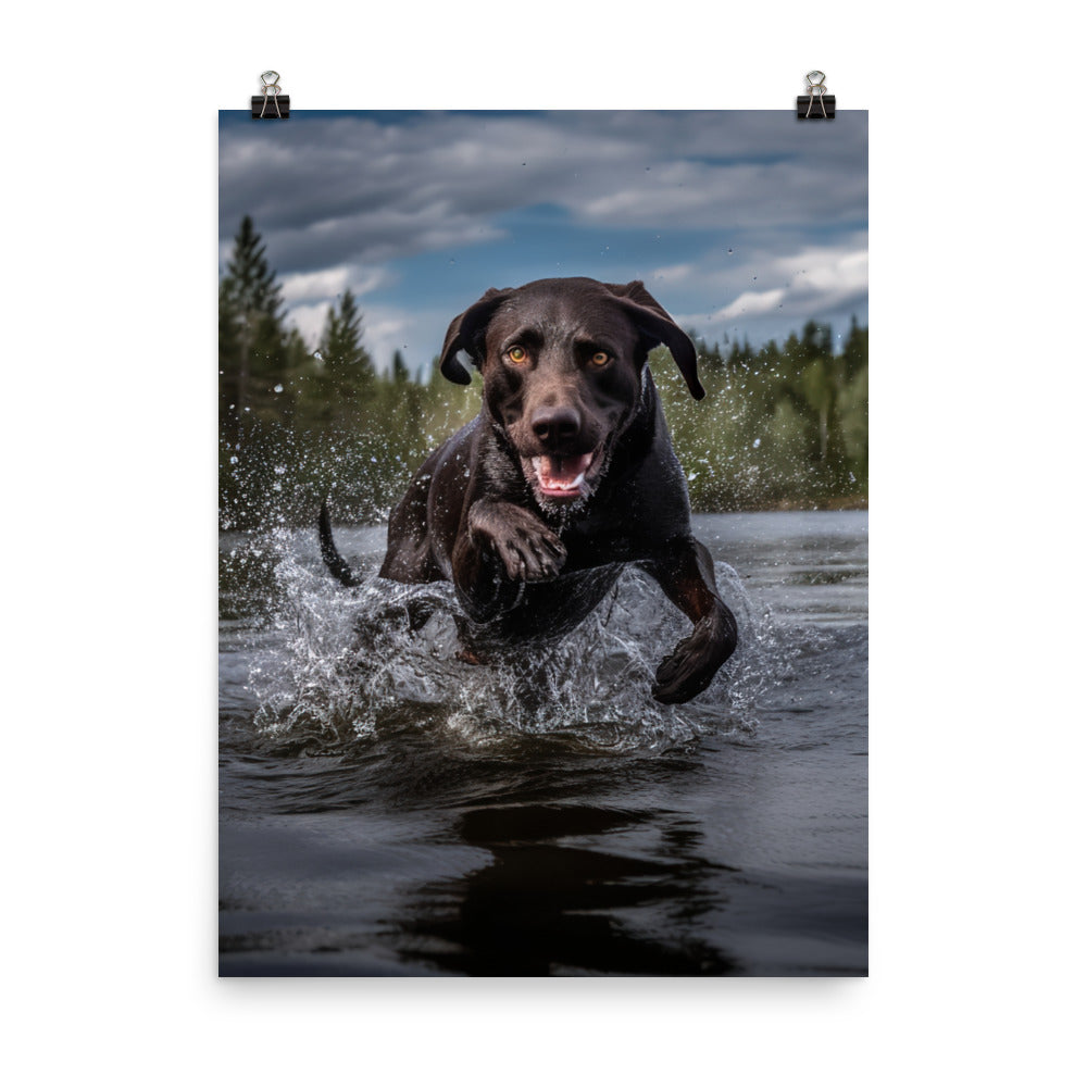 A Labrador Retriever jumping into a lake Photo paper poster - PosterfyAI.com