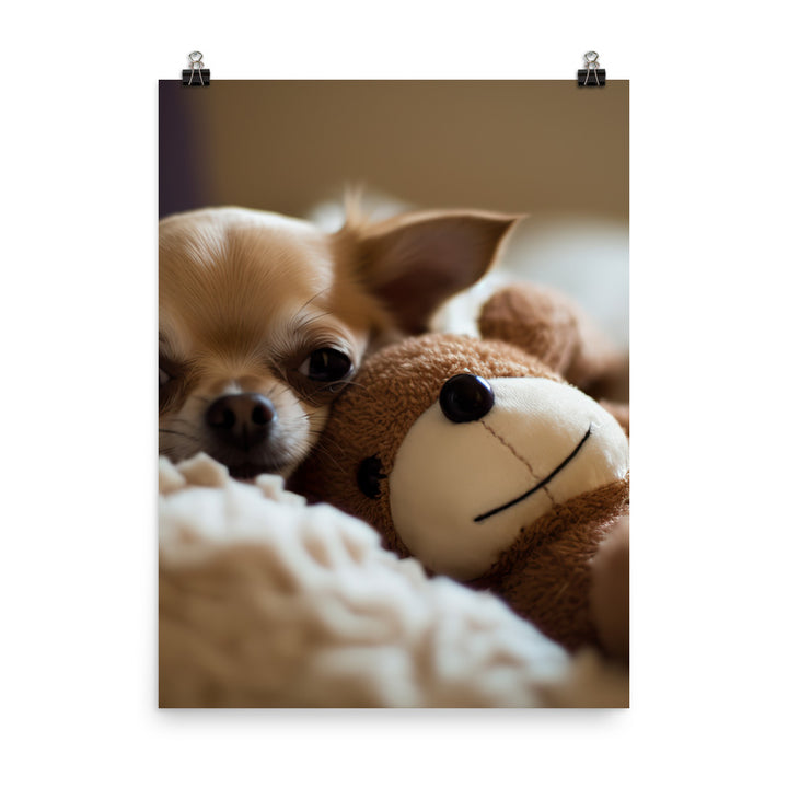 A Chihuahua snuggled up with a plush toy Photo paper poster - PosterfyAI.com