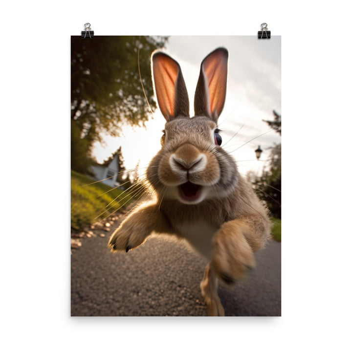 Flemish Giant Bunny Enjoying a Playful Hop Photo paper poster - PosterfyAI.com
