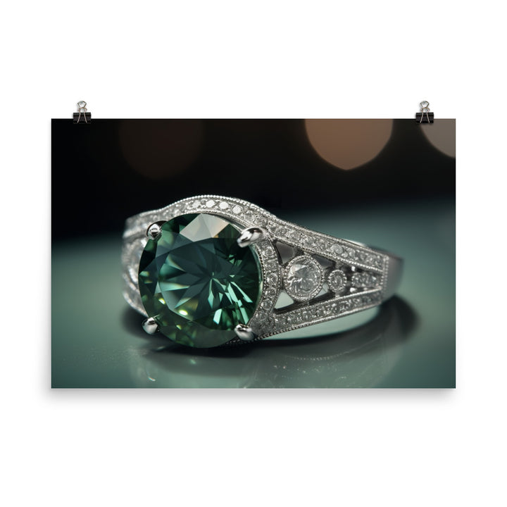 A green diamond mounted on a white gold band photo paper poster - Posterfy.AI