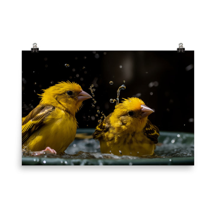 Canaries enjoying a bath photo paper poster - Posterfy.AI
