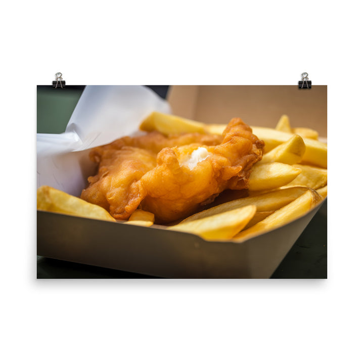 A piping hot serving of fish and chips photo paper poster - Posterfy.AI