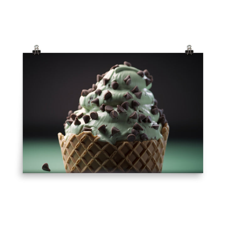 Mint Chocolate Chip Soft Serve Waffle Cone photo paper poster - Posterfy.AI