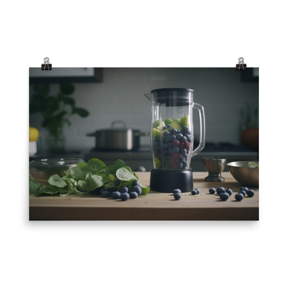 Blending blueberries and spinach for a smoothie photo paper poster - Posterfy.AI