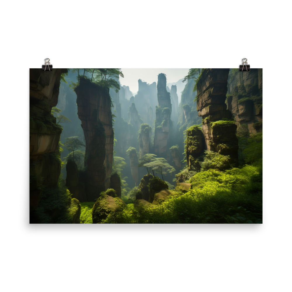 Majestic Sandstone Pillars of Zhangjiajie photo paper poster - Posterfy.AI