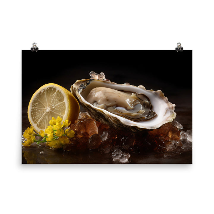 Succulent Belon oyster with lemon wedge photo paper poster - Posterfy.AI