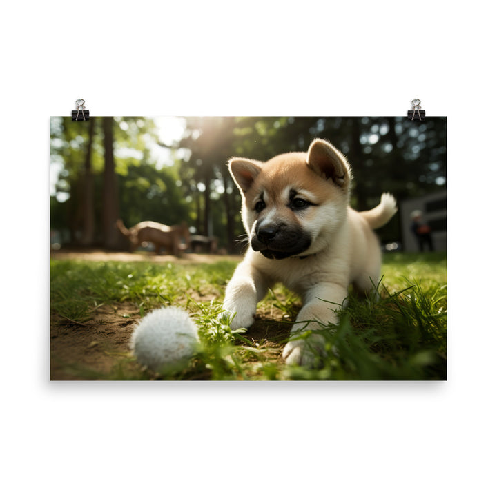 Akita Pup Playtime in the Park photo paper poster - Posterfy.AI