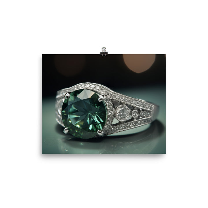 A green diamond mounted on a white gold band photo paper poster - Posterfy.AI