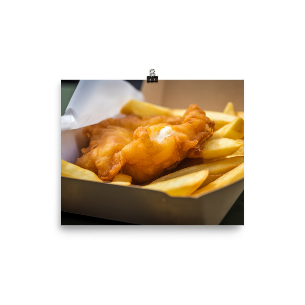 A piping hot serving of fish and chips photo paper poster - Posterfy.AI