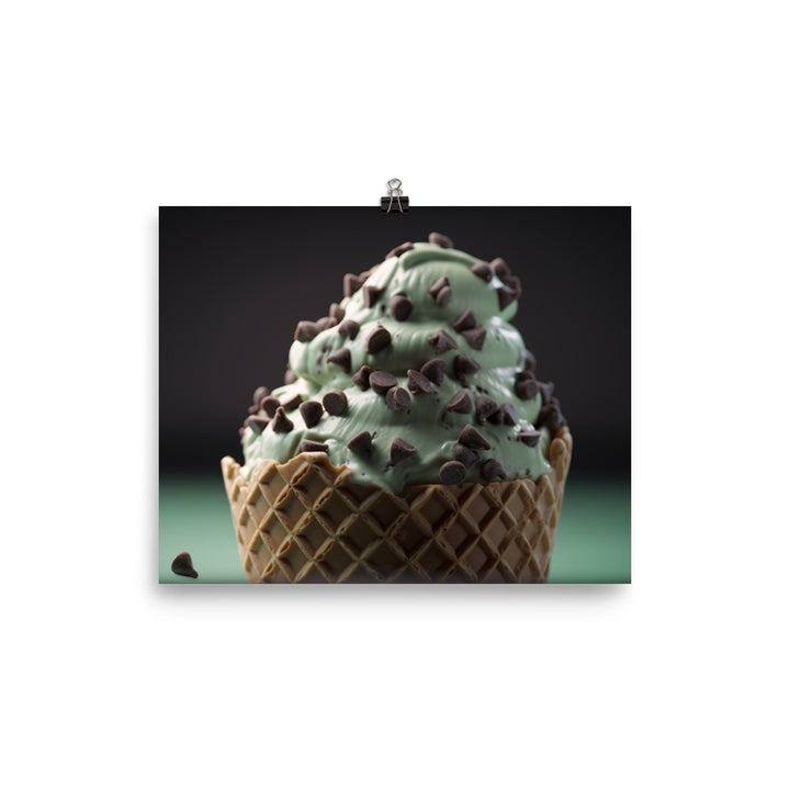 Mint Chocolate Chip Soft Serve Waffle Cone photo paper poster - Posterfy.AI