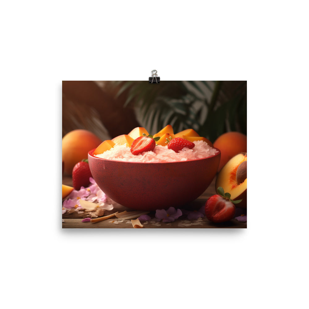 Peach raspberry smoothie in a coconut bowl photo paper poster - Posterfy.AI