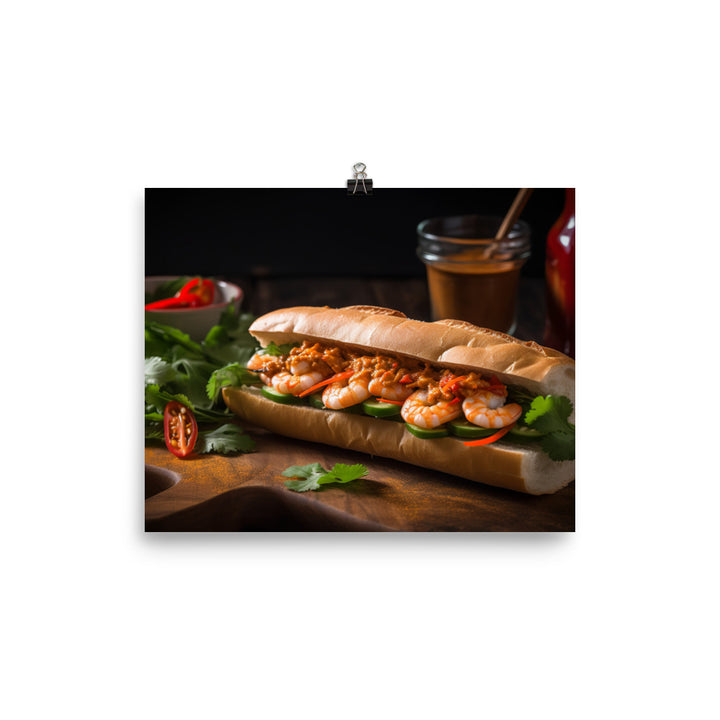 Spicy Banh Mi with Grilled Shrimp and Sriracha Mayo photo paper poster - Posterfy.AI