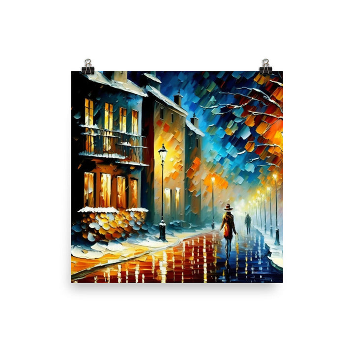 Snowy Winter Night with vibrant heavy brush strokes photo paper poster - Posterfy.AI