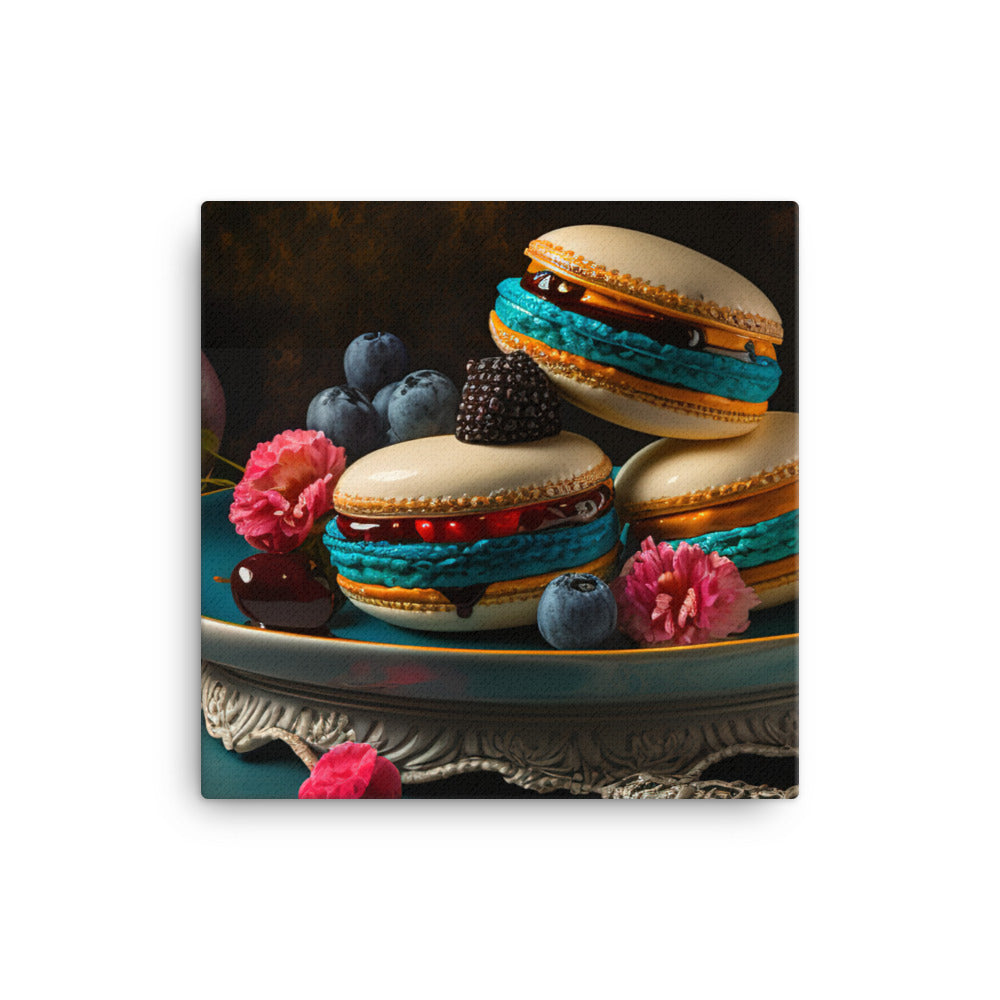 Colorful french macarons on plate canvas - Posterfy.AI