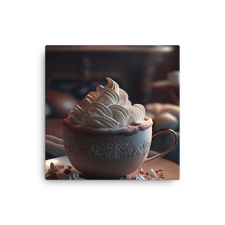 A steaming cup of hot cocoa with a generous pile of whipped cream canvas - Posterfy.AI