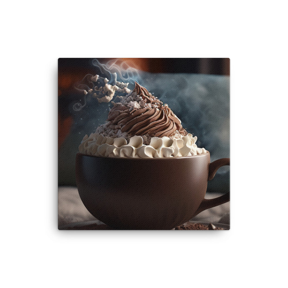 A steaming cup of hot cocoa with a generous pile of whipped cream canvas - Posterfy.AI