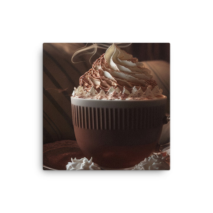 A steaming cup of hot cocoa with a generous pile of whipped cream canvas - Posterfy.AI