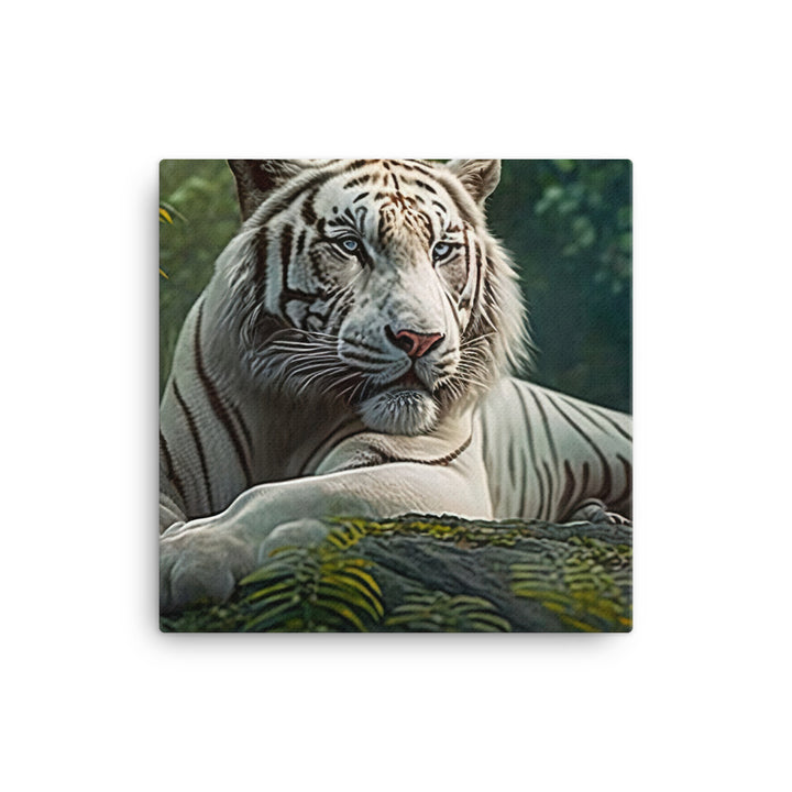 A majestic white tiger resting in a forest canvas - Posterfy.AI