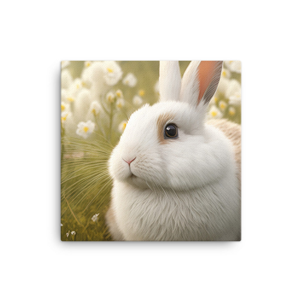 A fluffy white bunny in a field of flowers canvas - Posterfy.AI
