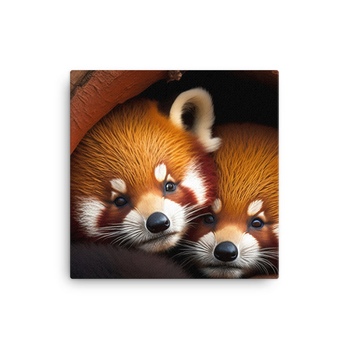 A pair of cute red pandas snuggled up together in a tree hollow canvas - Posterfy.AI