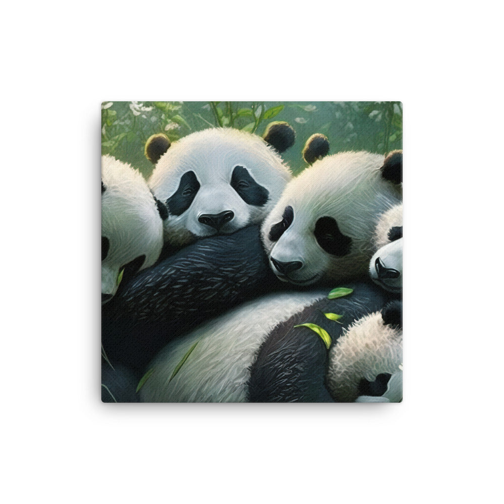 A group of panda bears cuddling together in a peaceful meadow canvas - Posterfy.AI