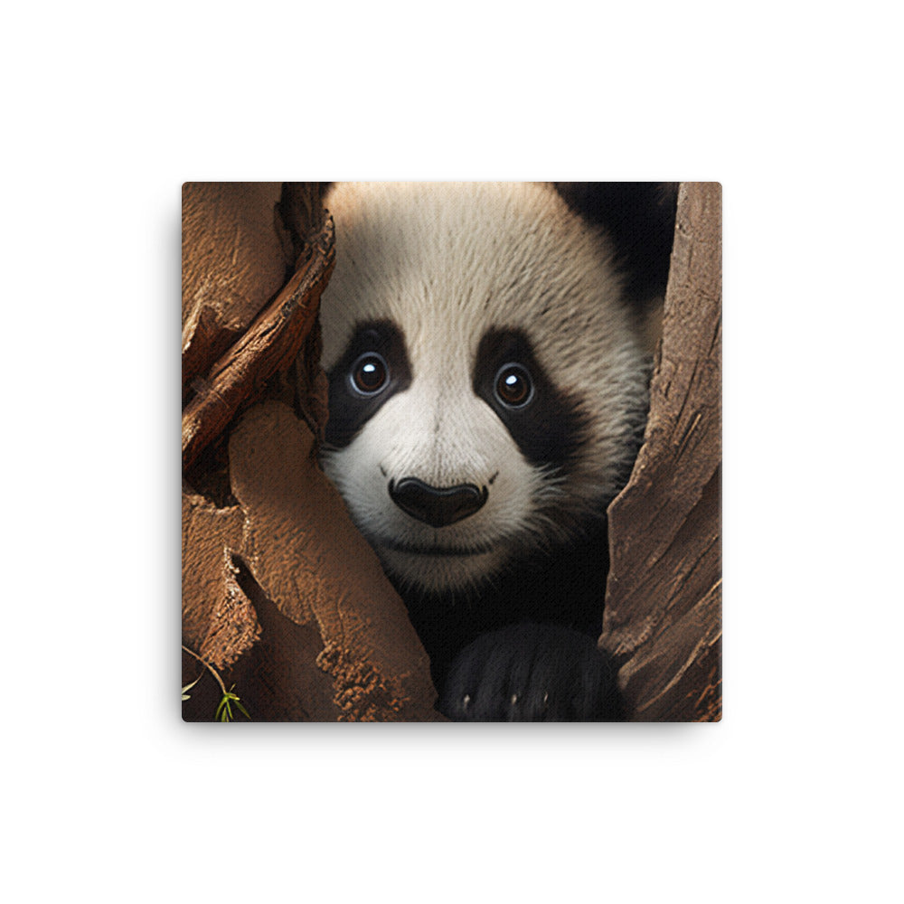 A curious panda bear peeking out from behind a tree trunk canvas - Posterfy.AI