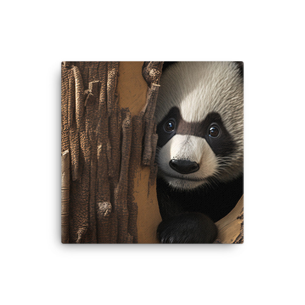 A curious panda bear peeking out from behind a tree trunk canvas - Posterfy.AI