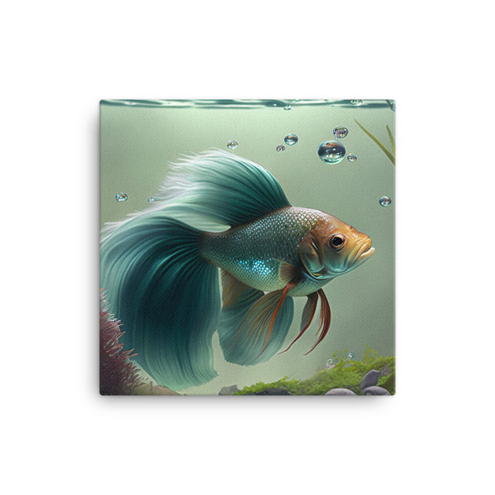 A solitary betta fish in a beautifully decorated aquarium bowl canvas - Posterfy.AI