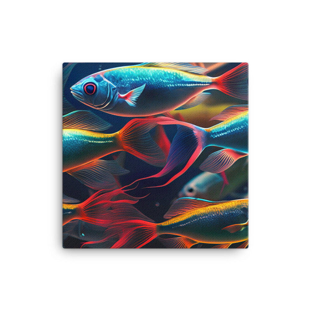 Neon tetras swimming in a brightly lit aquarium canvas - Posterfy.AI