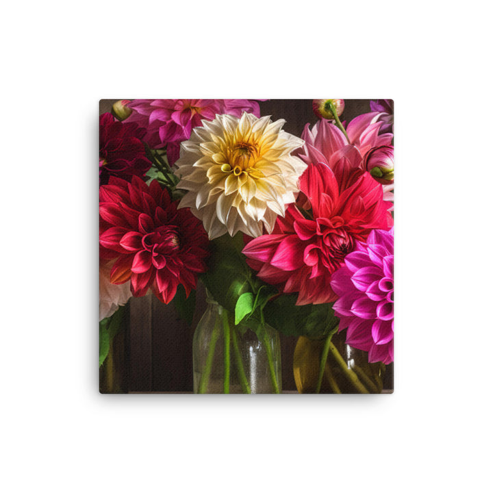 Dahlia Bouquet on a Wooden Table canvas - Posterfy.AI