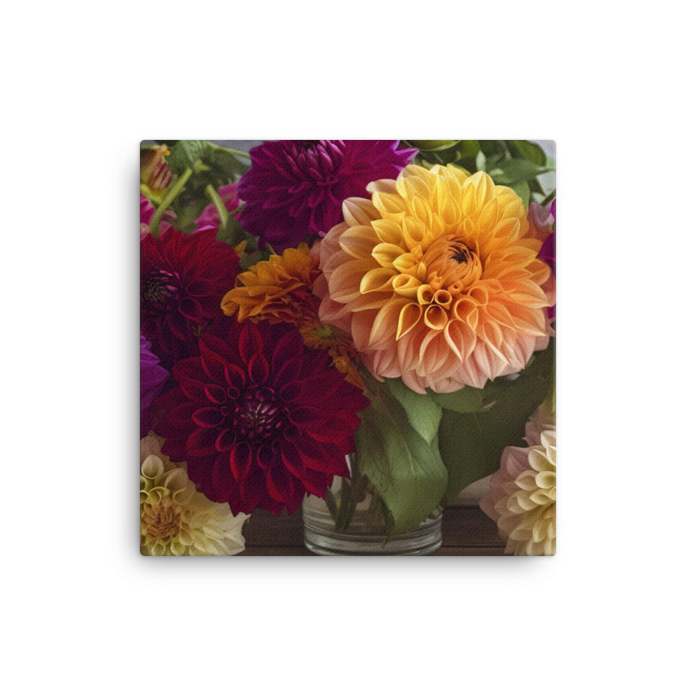 Dahlia Bouquet on a Wooden Table canvas - Posterfy.AI