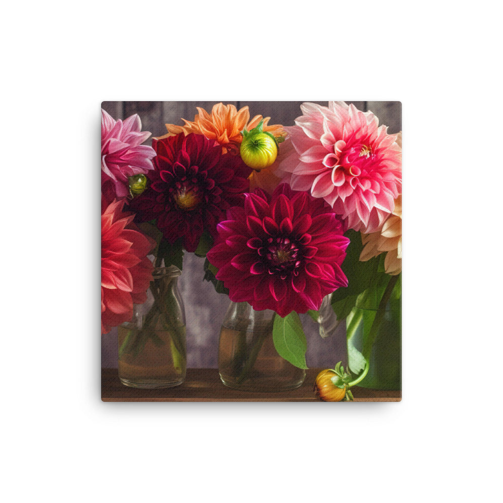 Dahlia Bouquet on a Wooden Table canvas - Posterfy.AI