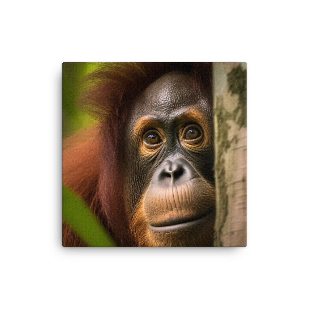 Inquisitive Orangutan Peeking from Behind Tree canvas - Posterfy.AI