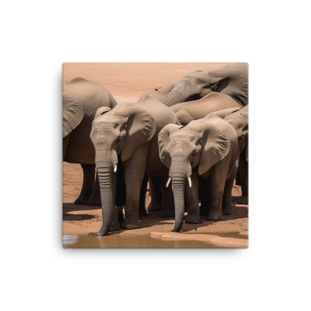 African Elephants at the Watering Hole canvas - Posterfy.AI