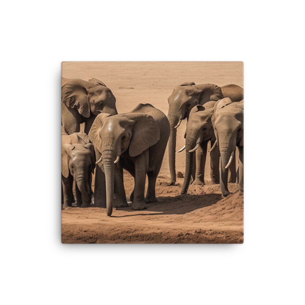 African Elephants at the Watering Hole canvas - Posterfy.AI