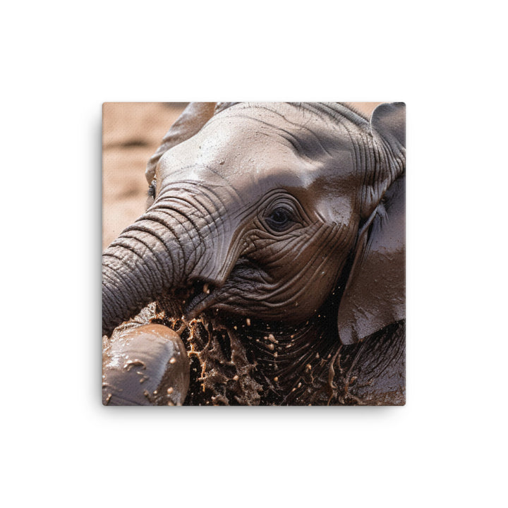 Adorable Baby Elephant Taking a Mud Bath canvas - Posterfy.AI