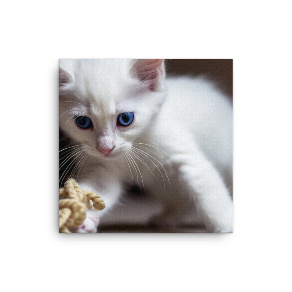 Adorable Turkish Angora kitten playing with a toy canvas - Posterfy.AI
