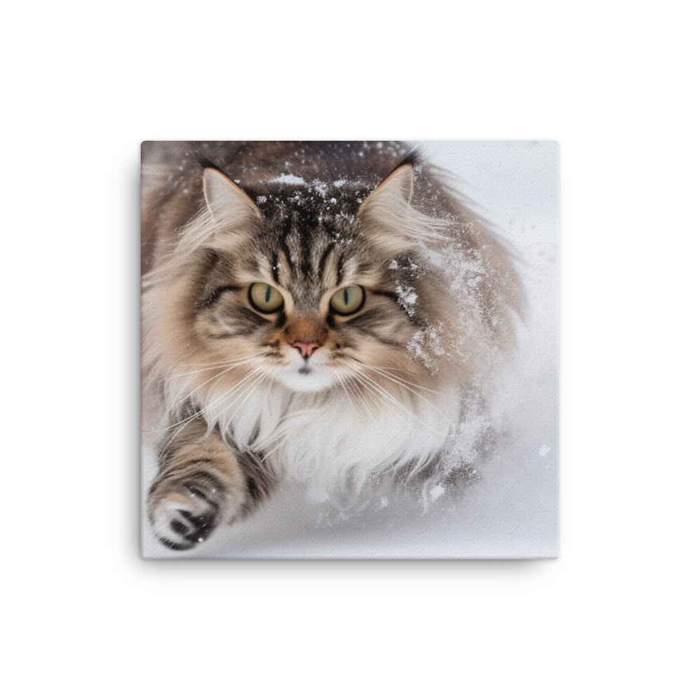 Norwegian Forest Cat Playing in the Snow canvas - Posterfy.AI