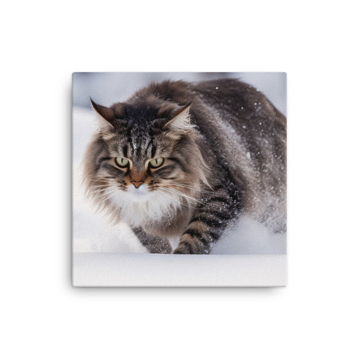 Norwegian Forest Cat Playing in the Snow canvas - Posterfy.AI