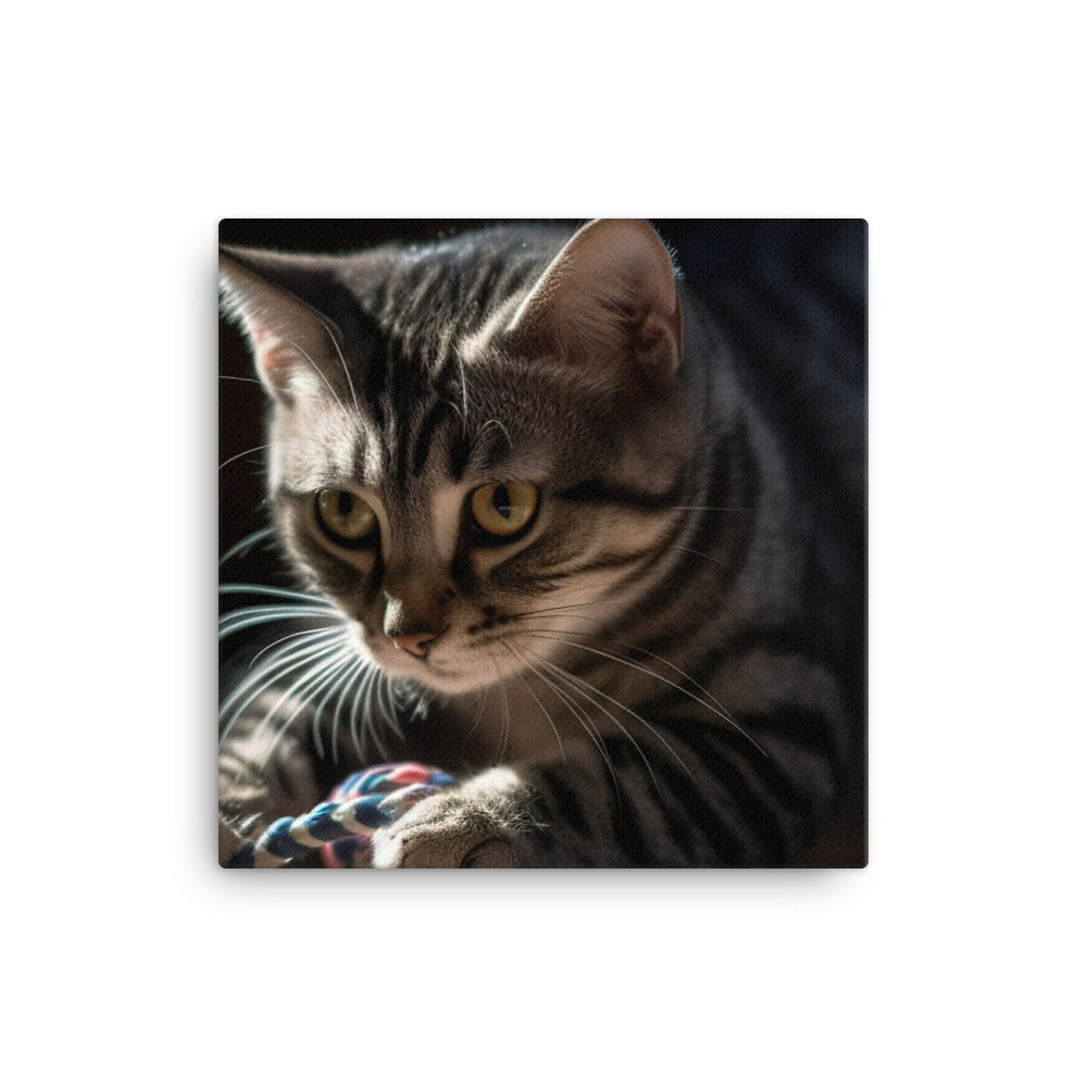 Adorable American Shorthair playing with toy mouse canvas - Posterfy.AI