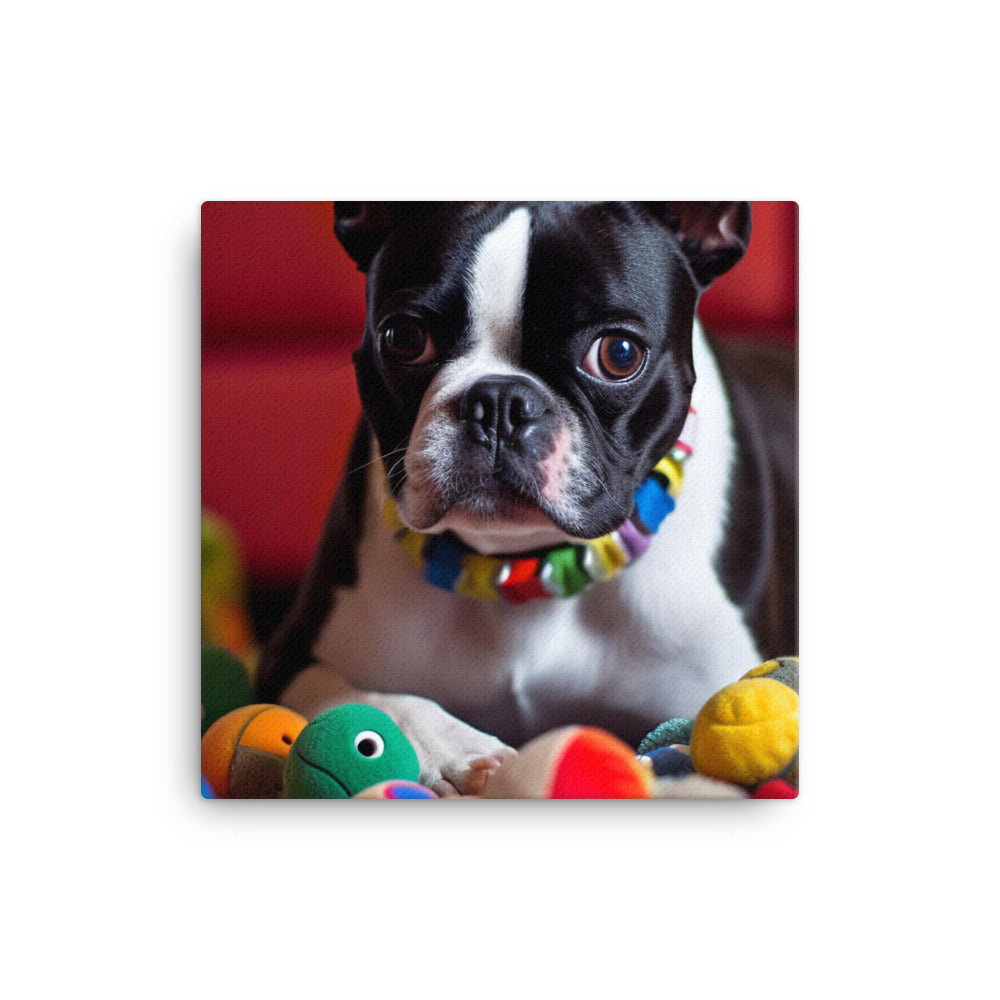 Happy Boston Terrier with Toys canvas - Posterfy.AI