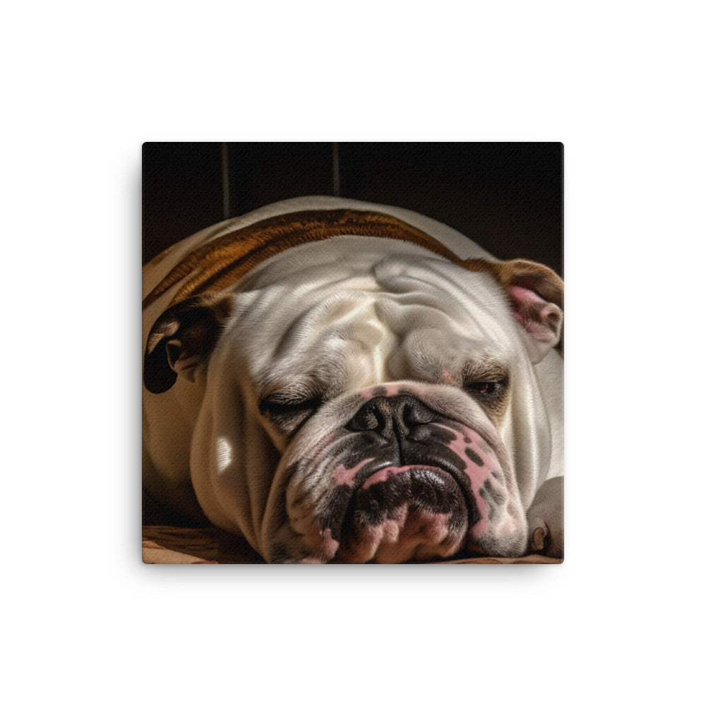 Sleepy Bulldog in His Bed canvas - Posterfy.AI