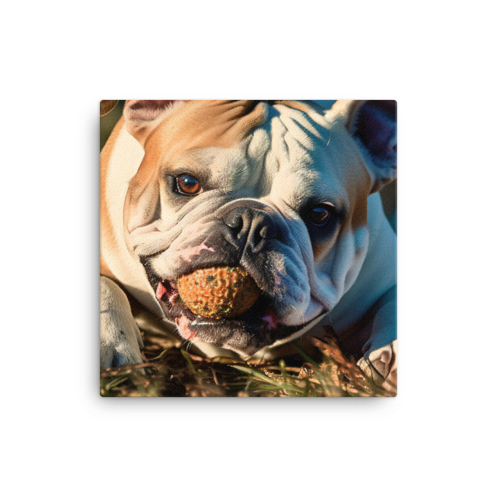 Silly Bulldog: Playful Pup with a Toy canvas - Posterfy.AI