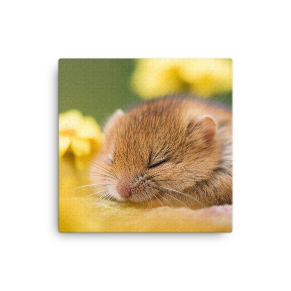 Sleepy Harvest Mouse taking a nap on a flower canvas - Posterfy.AI