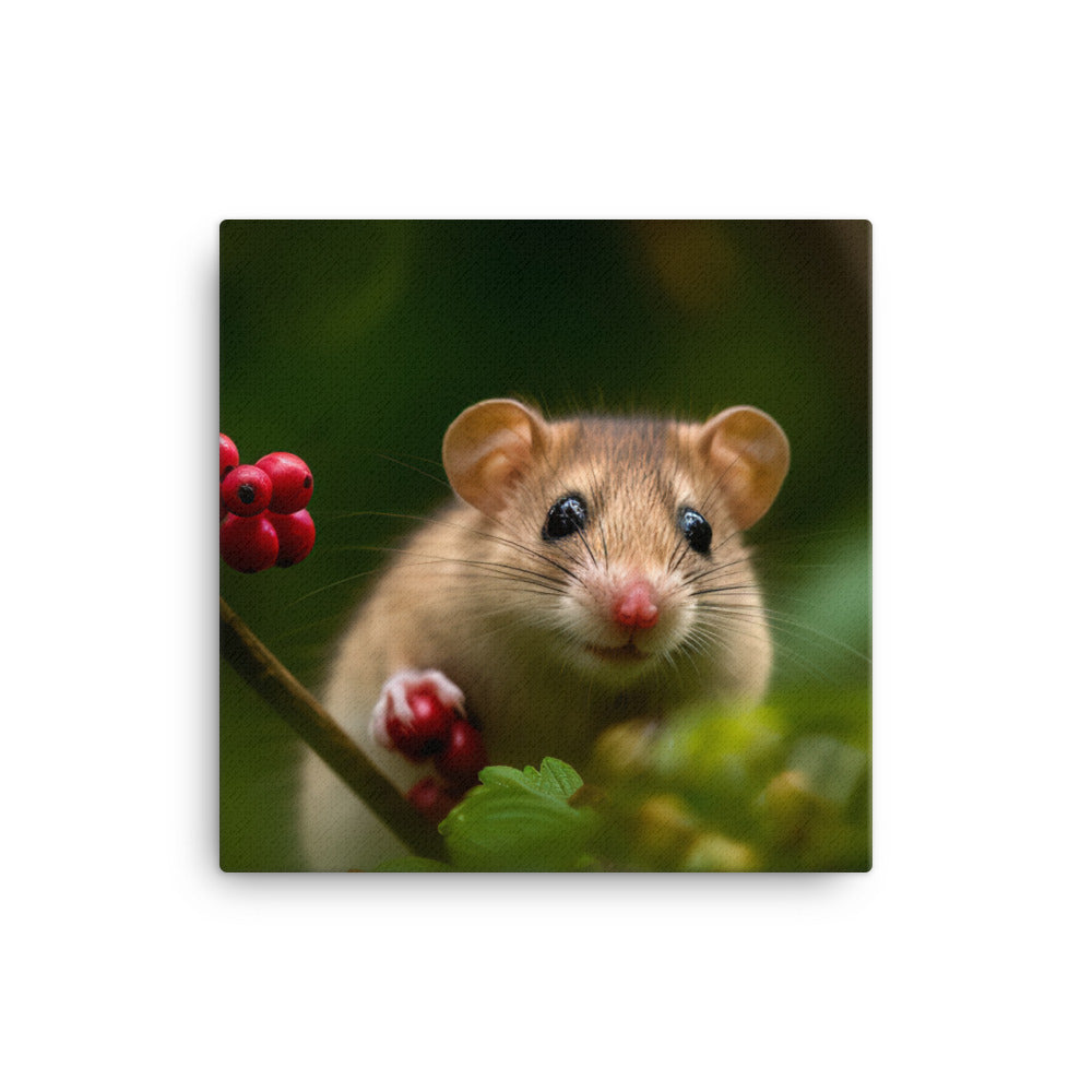 Energetic Dormouse playing on a branch canvas - Posterfy.AI