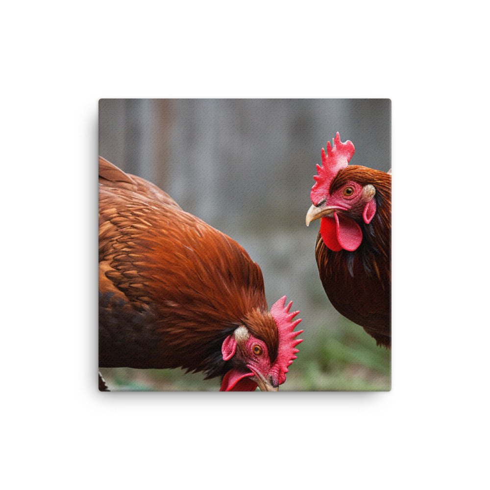 Rhode Island Red Chicken enjoying their Favorite Treats canvas - Posterfy.AI