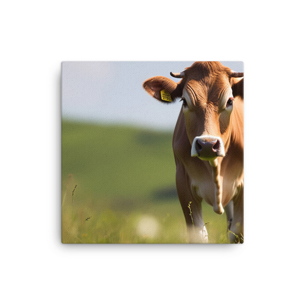 Adorable Jersey Cow Grazing in a Sunny Meadow canvas - Posterfy.AI